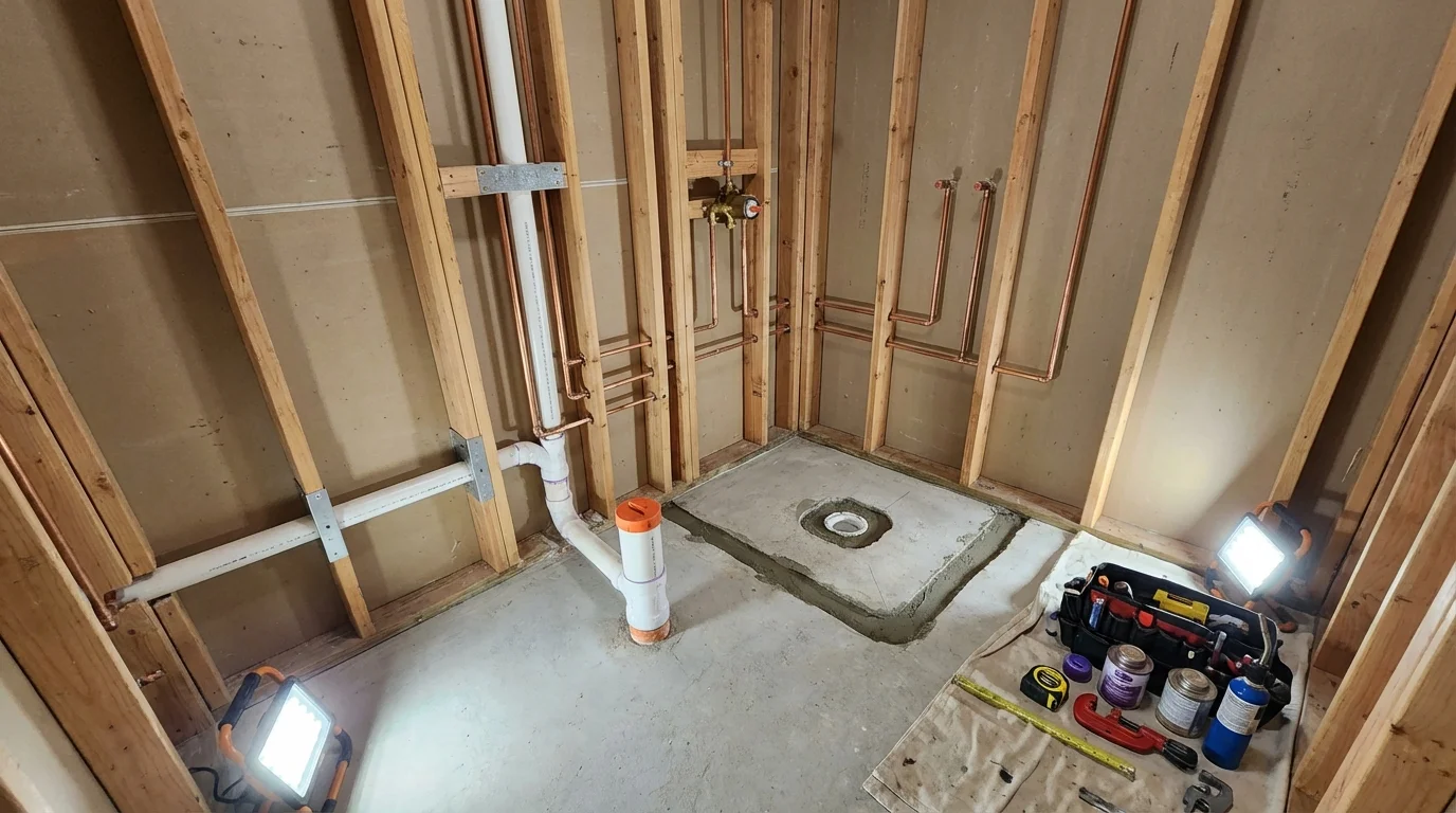 Bathroom rough-in plumbing during remodel by Johns Plumbing LLC in Mannford
