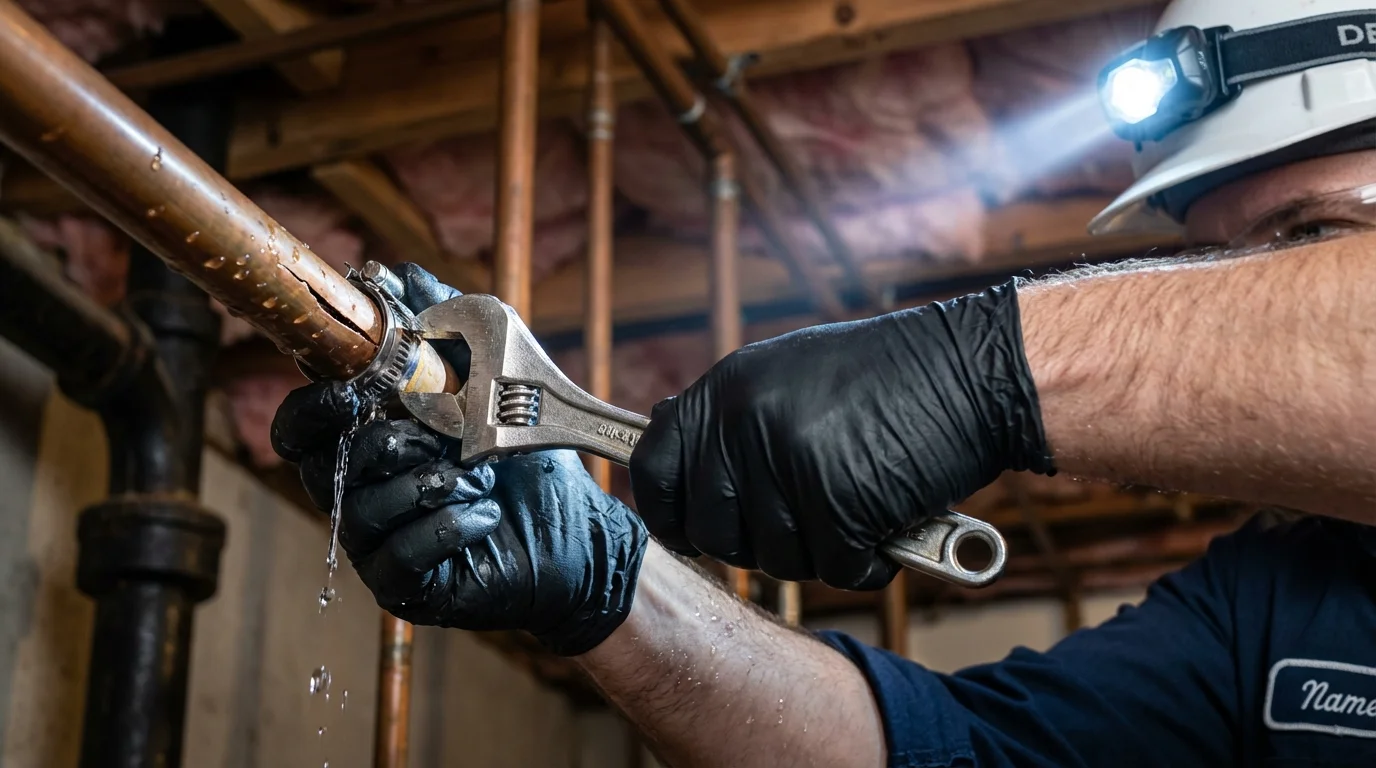 Emergency pipe clamp repair being performed by a Johns Plumbing LLC plumber in Mannford