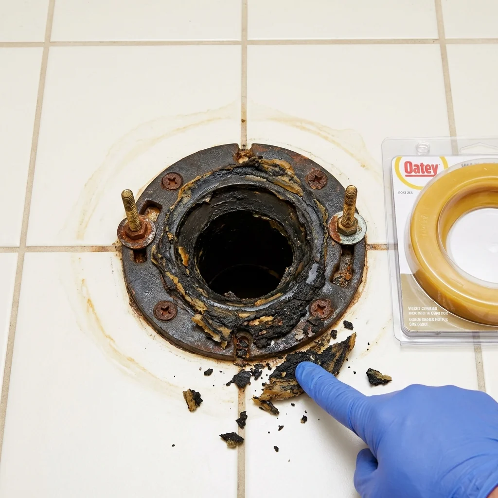 Failed wax ring showing water seepage at the base of a toilet in a Mannford, OK home
