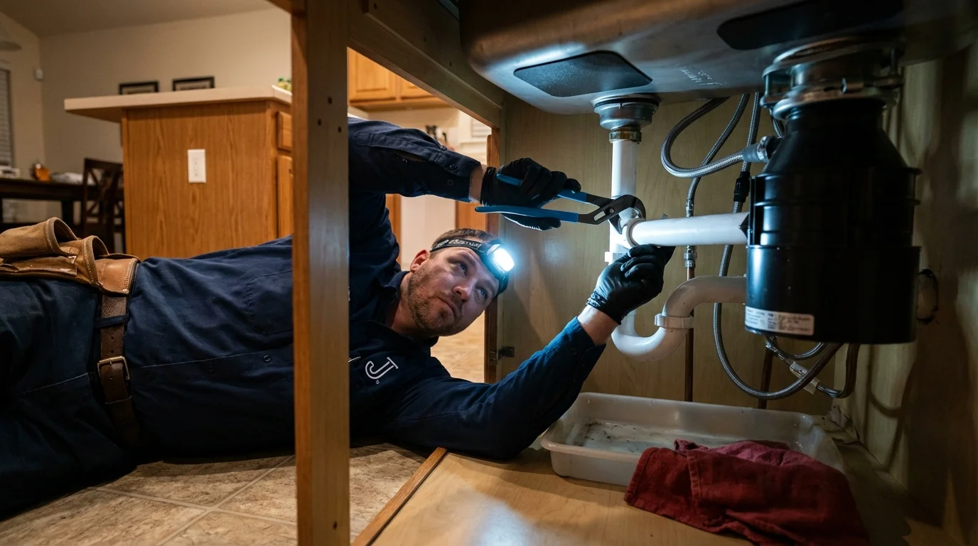 P-trap and supply line connections under a kitchen sink showing a common leak point in Mannford, OK
